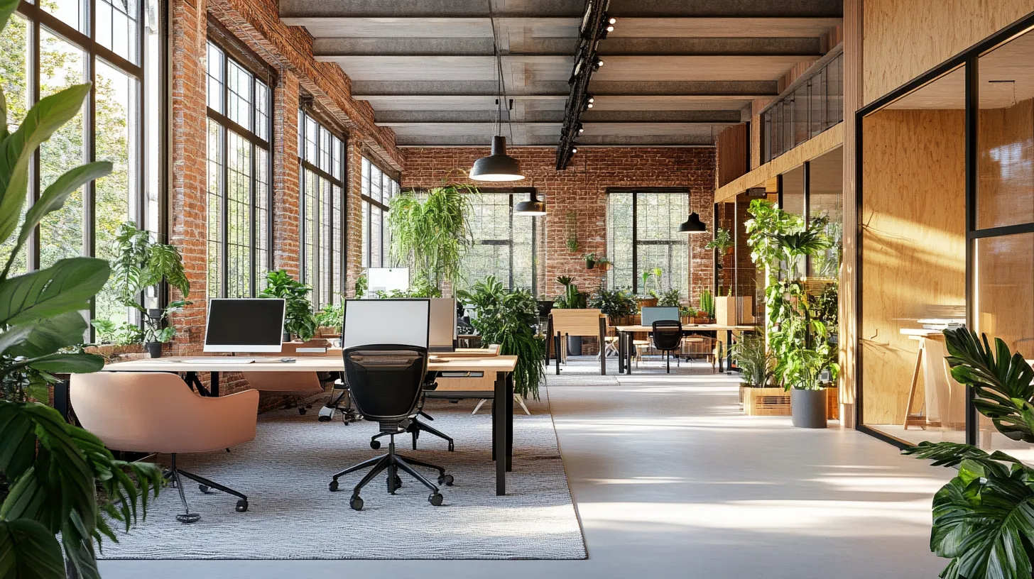 The Growth of Coworking in the UK 1 | finde-buerogemeinschaft.de Industrial-style coworking space with large windows, brick walls, modern desks, and lush indoor plants
